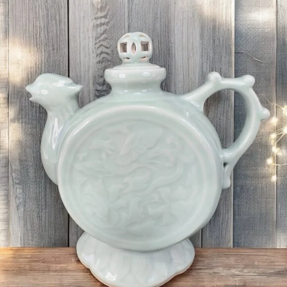 Vintage Chinese Celadon Teapot Phoenix Articulated Lid Jug Carafe Light Green